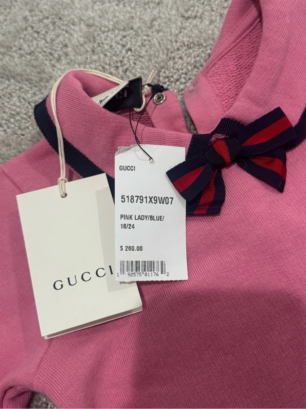 Gucci Pink Bubble Collar Baby One-Piece with Navy Bow